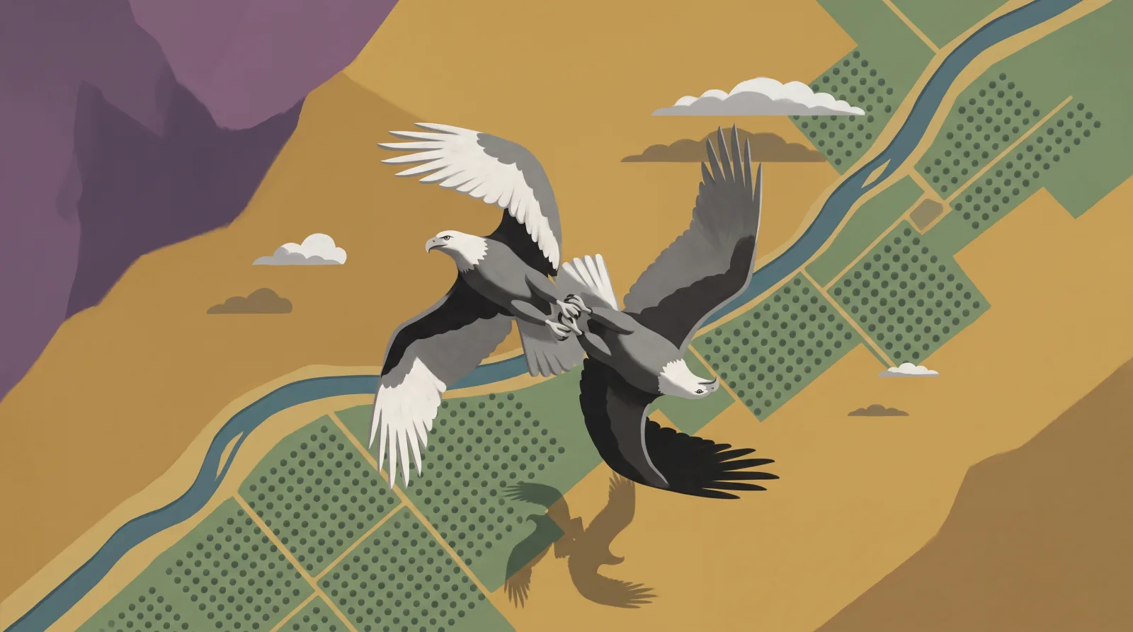 Flat illustration of two bald eagles locking talons mid-air in a death spiral above a river valley with green fields and purple mountains.
