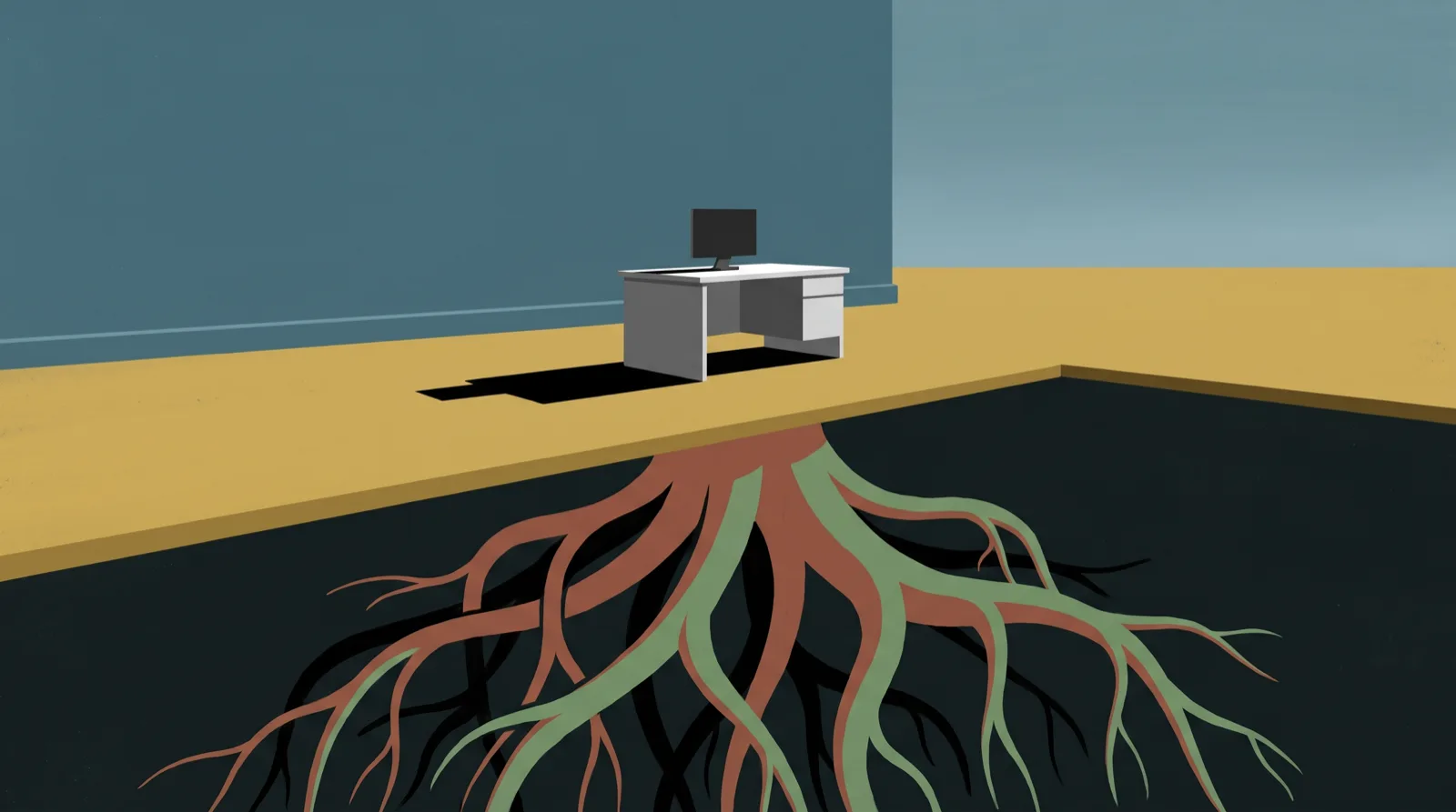 Flat metaphysical illustration of a lone white desk with a computer monitor in an empty room, its shadow opening into the floor where a large sage-green and terracotta root system spreads underground.